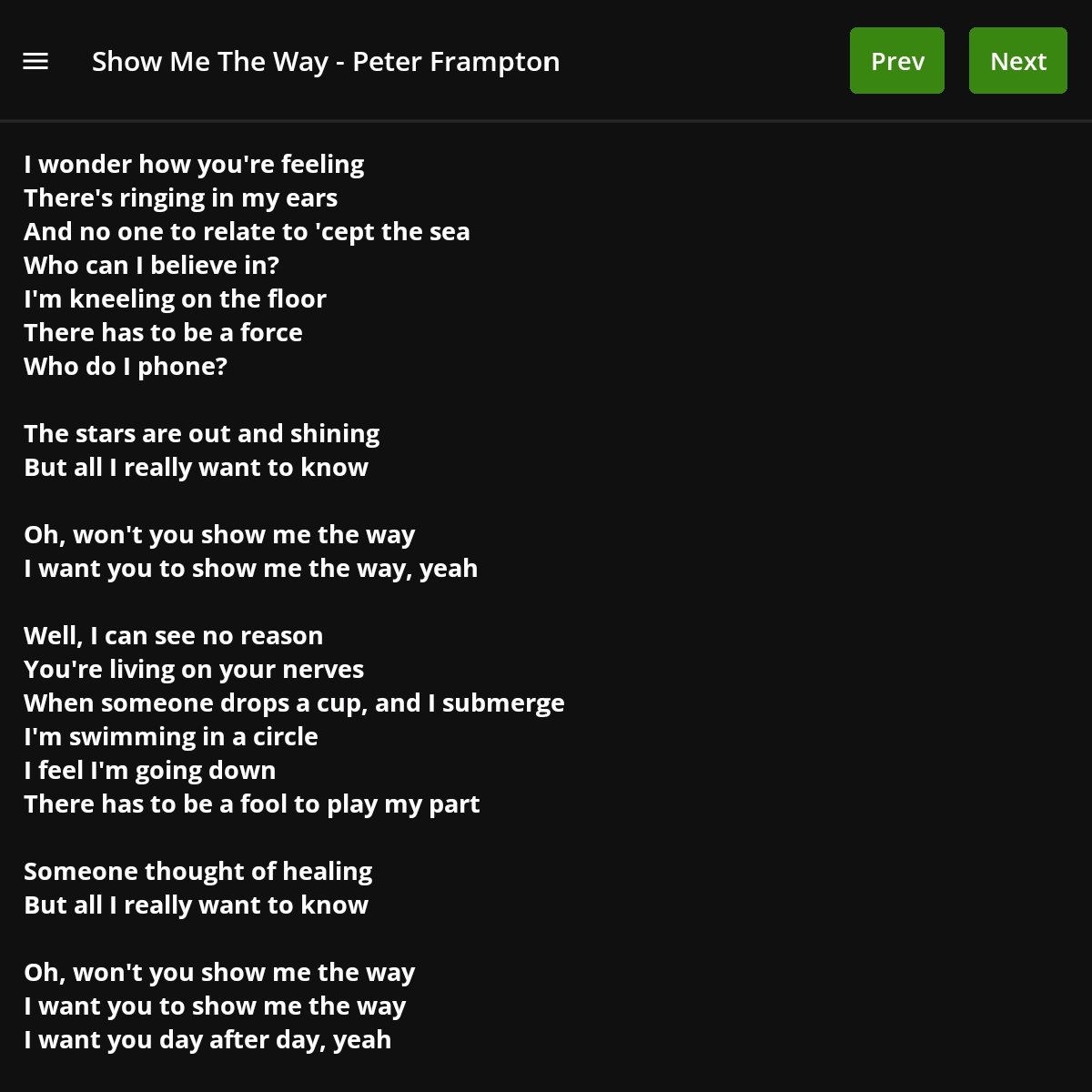 Gig mode preview of the Lyricals app